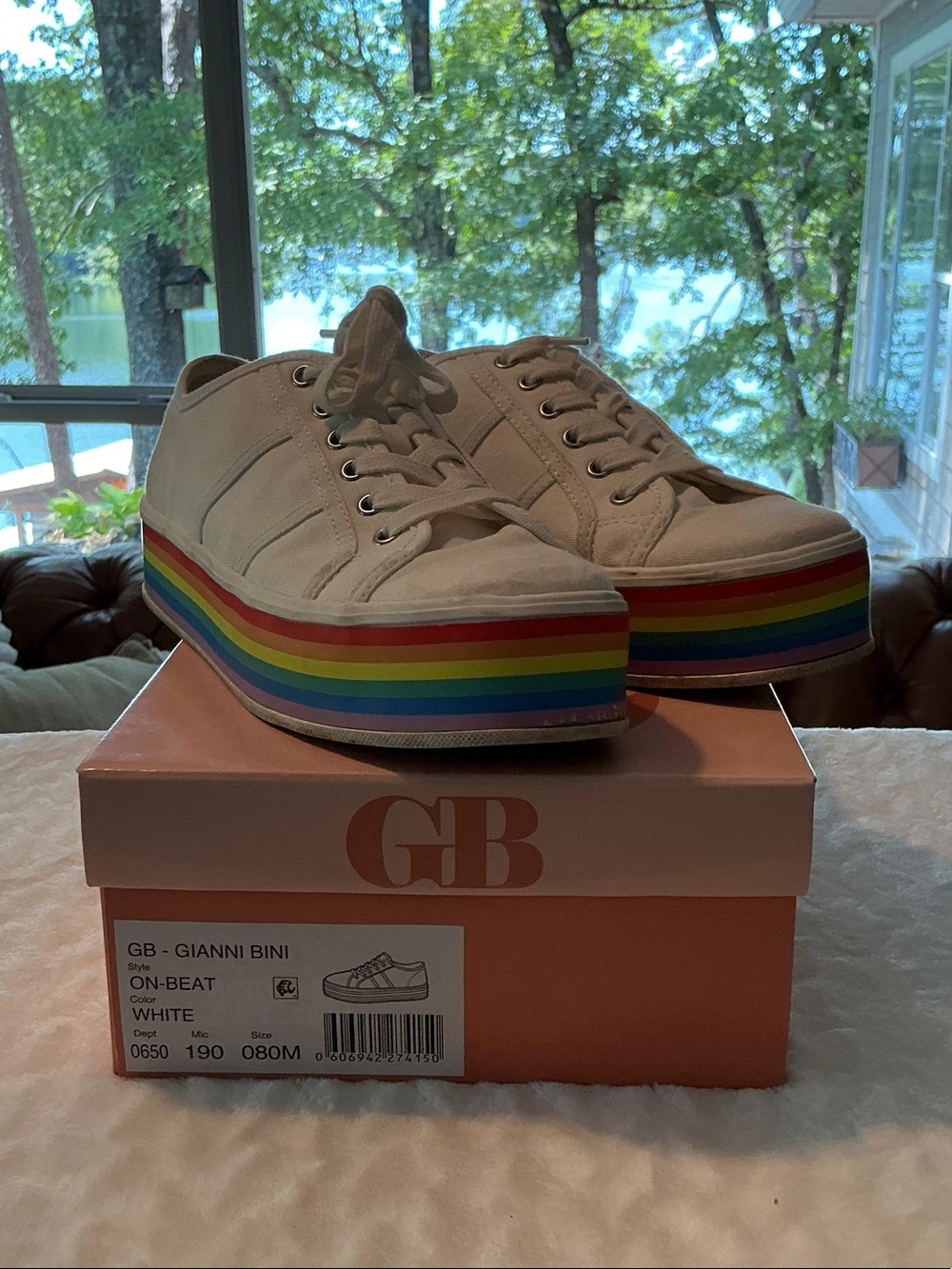 Gianni Bini White Canvas Platform Sneakers with Rainbow Stripe Platform